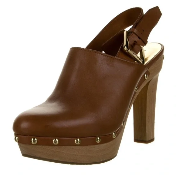 Michael Kors Brown Genuine Leather Wooden Slingback Clogs Size 8 - Picture 2 of 5